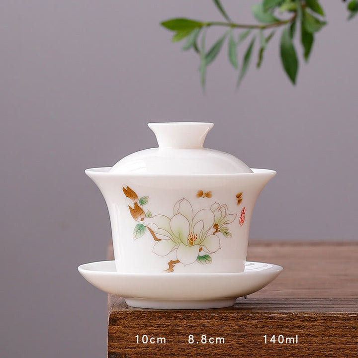 Buddha Stones à thé Gaiwan en porcelaine blanche avec paysage de montagne et soucoupe en céramique avec couvercle