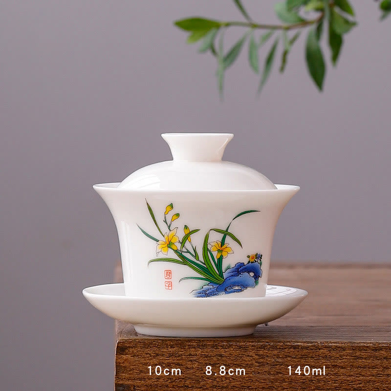 Buddha Stones à thé Gaiwan en porcelaine blanche avec paysage de montagne et soucoupe en céramique avec couvercle