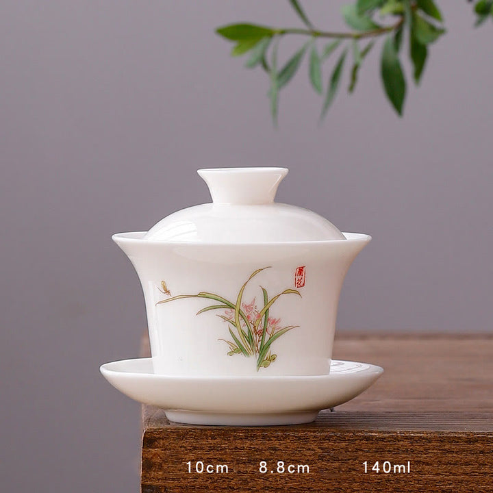 Buddha Stones à thé Gaiwan en porcelaine blanche avec paysage de montagne et soucoupe en céramique avec couvercle