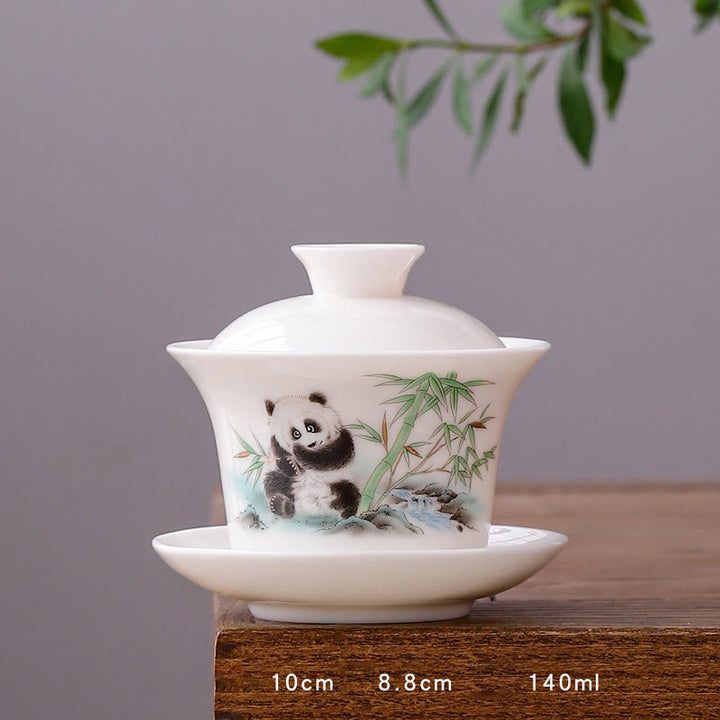 Buddha Stones à thé Gaiwan en porcelaine blanche avec paysage de montagne et soucoupe en céramique avec couvercle