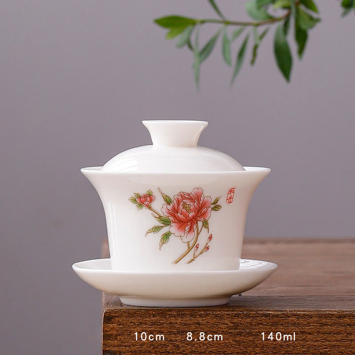 Buddha Stones à thé Gaiwan en porcelaine blanche avec paysage de montagne et soucoupe en céramique avec couvercle