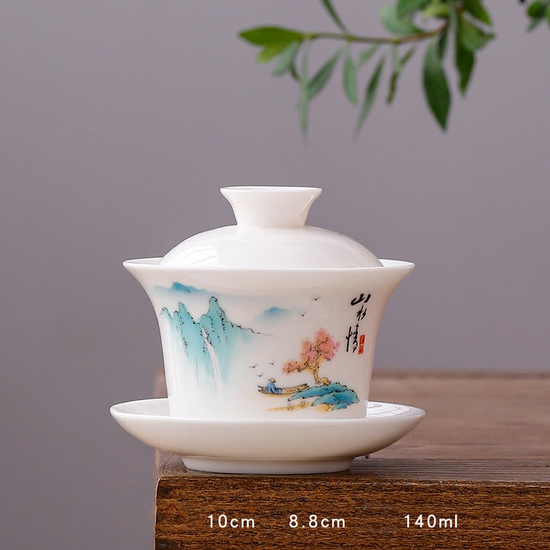 Buddha Stones à thé Gaiwan en porcelaine blanche avec paysage de montagne et soucoupe en céramique avec couvercle