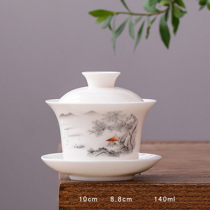 Buddha Stones à thé Gaiwan en porcelaine blanche avec paysage de montagne et soucoupe en céramique avec couvercle