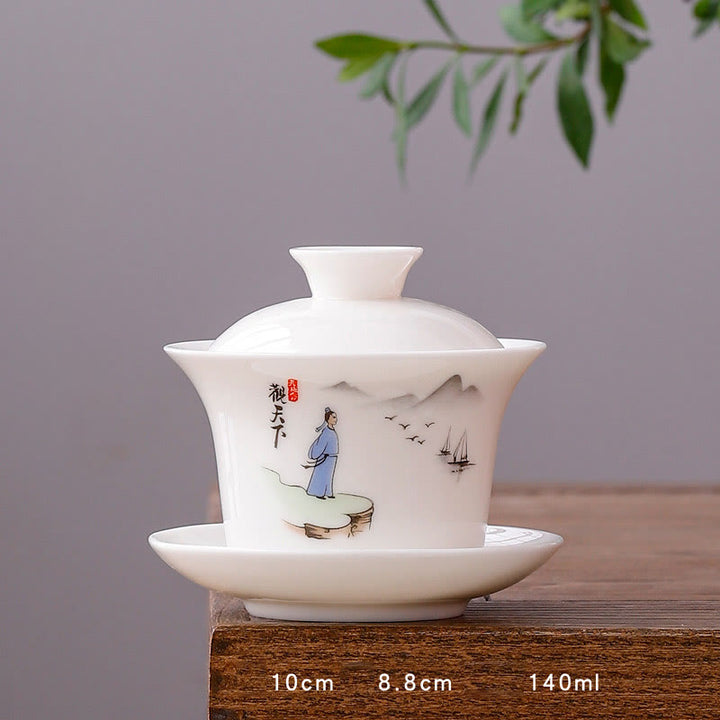 Buddha Stones à thé Gaiwan en porcelaine blanche avec paysage de montagne et soucoupe en céramique avec couvercle
