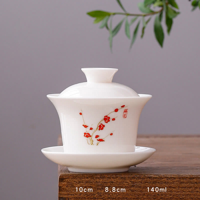 Buddha Stones à thé Gaiwan en porcelaine blanche avec paysage de montagne et soucoupe en céramique avec couvercle