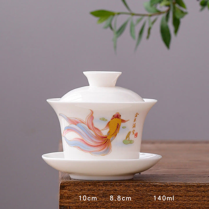 Buddha Stones à thé Gaiwan en porcelaine blanche avec paysage de montagne et soucoupe en céramique avec couvercle