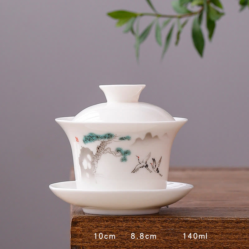 Buddha Stones à thé Gaiwan en porcelaine blanche avec paysage de montagne et soucoupe en céramique avec couvercle