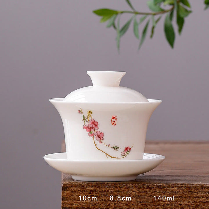 Buddha Stones à thé Gaiwan en porcelaine blanche avec paysage de montagne et soucoupe en céramique avec couvercle