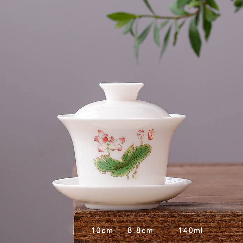 Buddha Stones à thé Gaiwan en porcelaine blanche avec paysage de montagne et soucoupe en céramique avec couvercle