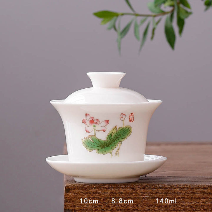 Buddha Stones à thé Gaiwan en porcelaine blanche avec paysage de montagne et soucoupe en céramique avec couvercle