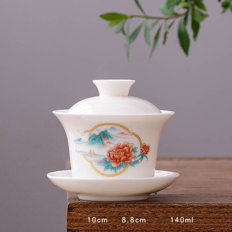 Buddha Stones à thé Gaiwan en porcelaine blanche avec paysage de montagne et soucoupe en céramique avec couvercle