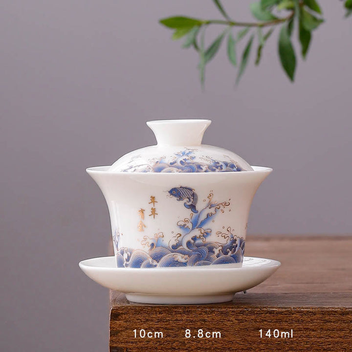 Buddha Stones à thé Gaiwan en porcelaine blanche avec paysage de montagne et soucoupe en céramique avec couvercle