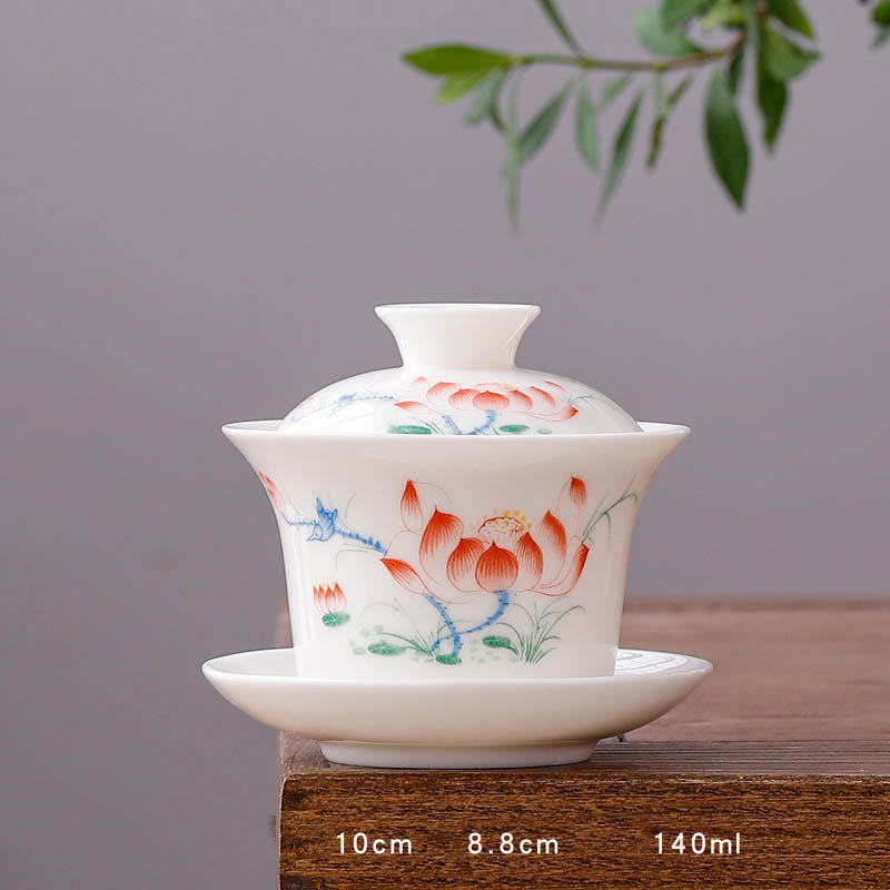 Buddha Stones à thé Gaiwan en porcelaine blanche avec paysage de montagne et soucoupe en céramique avec couvercle