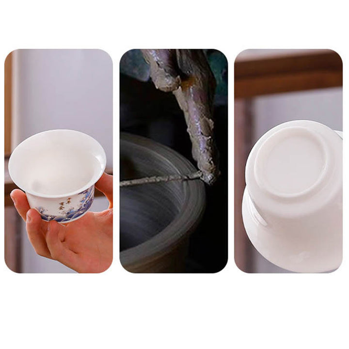 Buddha Stones à thé Gaiwan en porcelaine blanche avec paysage de montagne et soucoupe en céramique avec couvercle