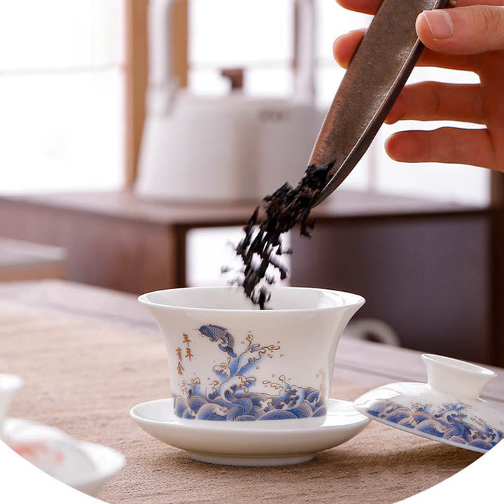 Buddha Stones à thé Gaiwan en porcelaine blanche avec paysage de montagne et soucoupe en céramique avec couvercle