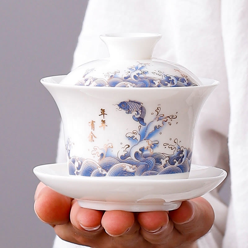 Buddha Stones à thé Gaiwan en porcelaine blanche avec paysage de montagne et soucoupe en céramique avec couvercle