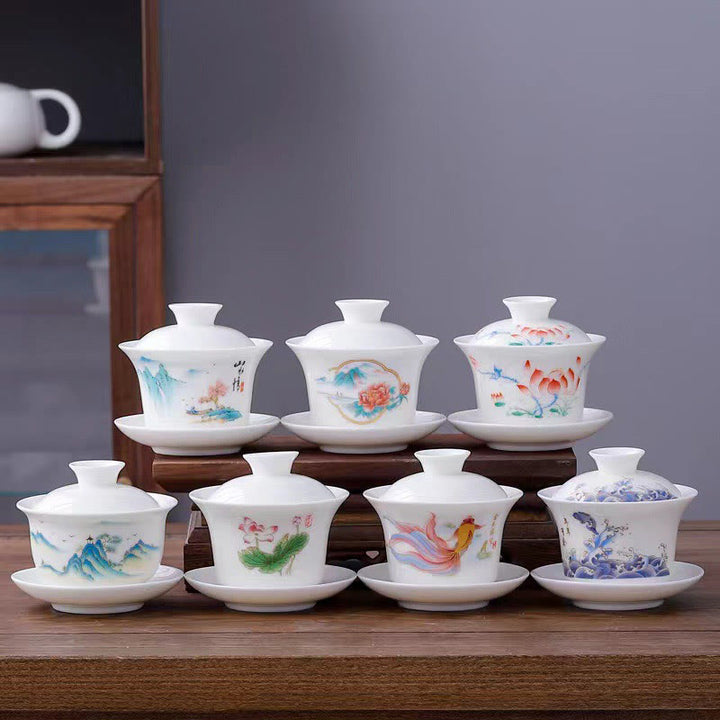 Buddha Stones à thé Gaiwan en porcelaine blanche avec paysage de montagne et soucoupe en céramique avec couvercle