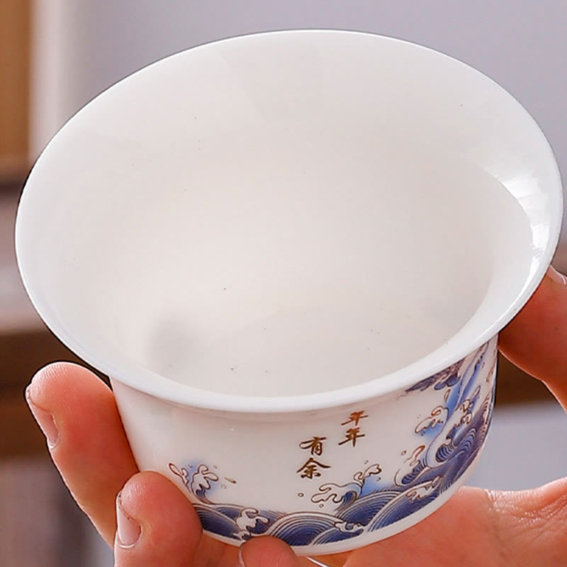 Buddha Stones à thé Gaiwan en porcelaine blanche avec paysage de montagne et soucoupe en céramique avec couvercle