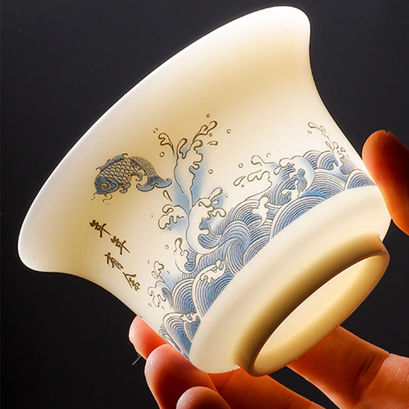 Buddha Stones à thé Gaiwan en porcelaine blanche avec paysage de montagne et soucoupe en céramique avec couvercle