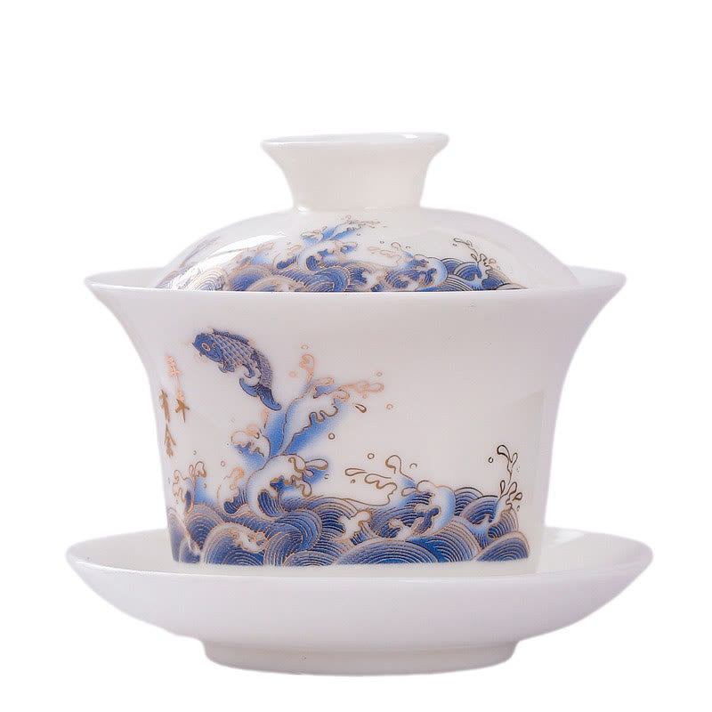 Buddha Stones à thé Gaiwan en porcelaine blanche avec paysage de montagne et soucoupe en céramique avec couvercle