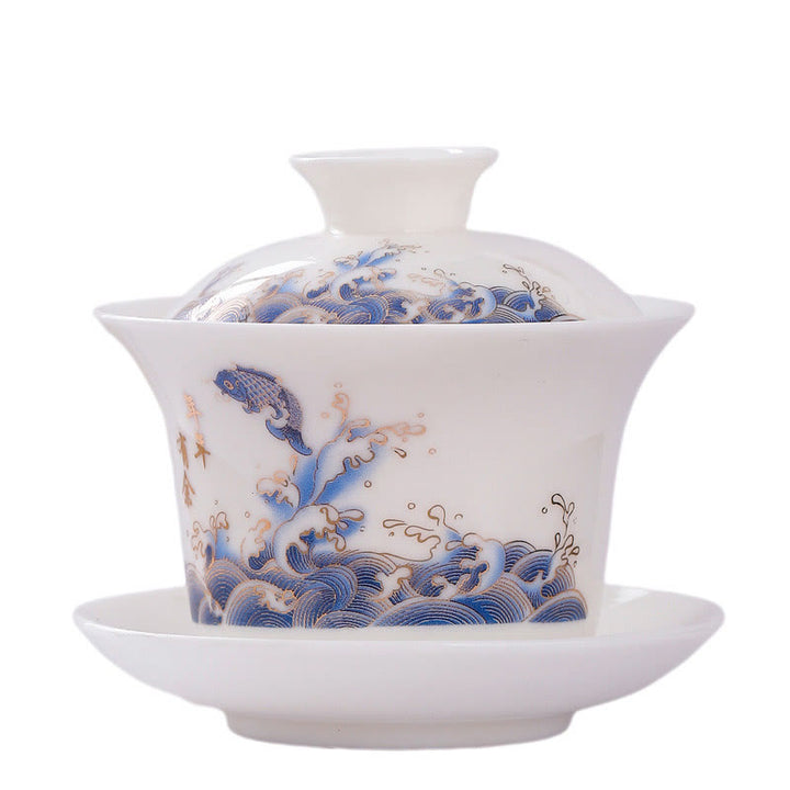 Buddha Stones à thé Gaiwan en porcelaine blanche avec paysage de montagne et soucoupe en céramique avec couvercle