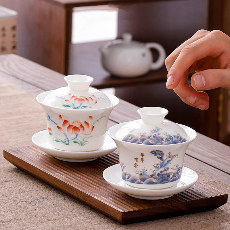 Buddha Stones à thé Gaiwan en porcelaine blanche avec paysage de montagne et soucoupe en céramique avec couvercle