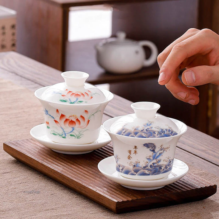 Buddha Stones à thé Gaiwan en porcelaine blanche avec paysage de montagne et soucoupe en céramique avec couvercle