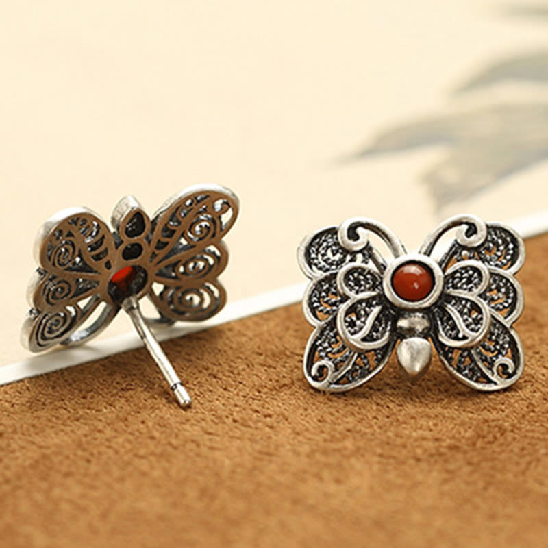 Ensemble de boucles d'oreilles et bague d'acceptation de soi en argent sterling 925 avec agate rouge et papillon de Buddha Stones