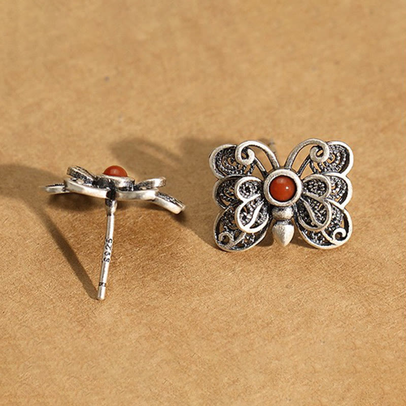 Ensemble de boucles d'oreilles et bague d'acceptation de soi en argent sterling 925 avec agate rouge et papillon de Buddha Stones