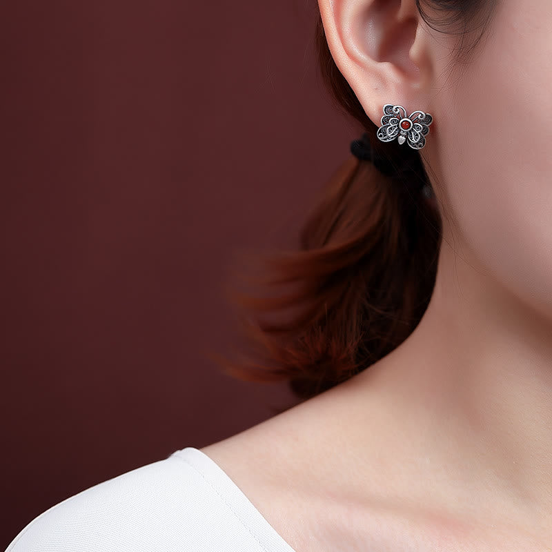 Ensemble de boucles d'oreilles et bague d'acceptation de soi en argent sterling 925 avec agate rouge et papillon de Buddha Stones