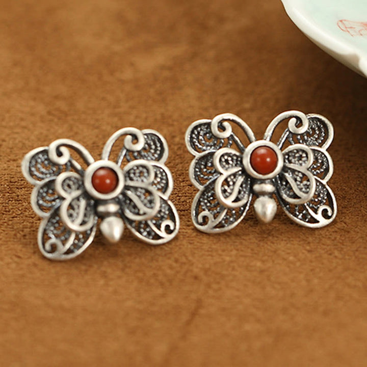 Ensemble de boucles d'oreilles et bague d'acceptation de soi en argent sterling 925 avec agate rouge et papillon de Buddha Stones