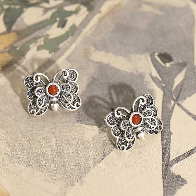 Ensemble de boucles d'oreilles et bague d'acceptation de soi en argent sterling 925 avec agate rouge et papillon de Buddha Stones