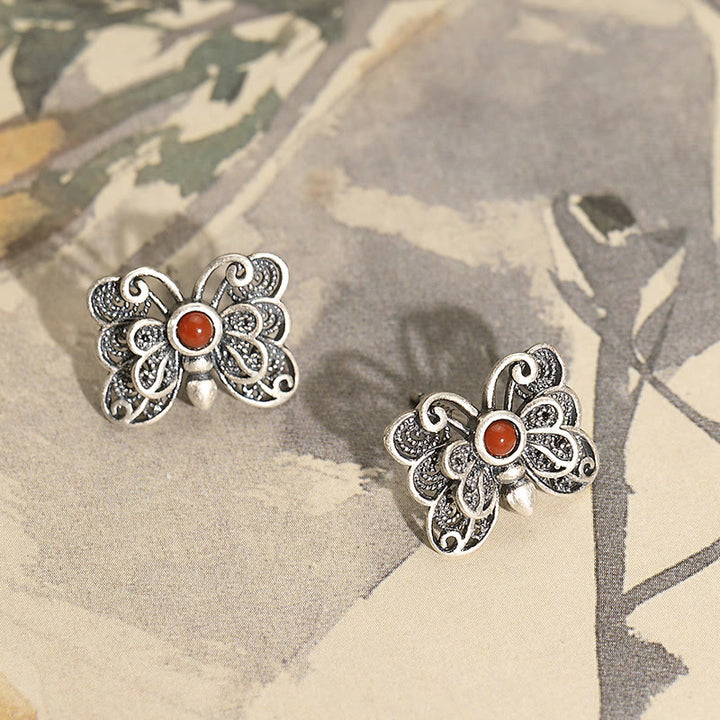 Ensemble de boucles d'oreilles et bague d'acceptation de soi en argent sterling 925 avec agate rouge et papillon de Buddha Stones