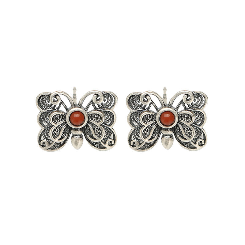 Ensemble de boucles d'oreilles et bague d'acceptation de soi en argent sterling 925 avec agate rouge et papillon de Buddha Stones