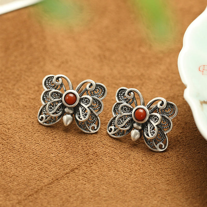 Ensemble de boucles d'oreilles et bague d'acceptation de soi en argent sterling 925 avec agate rouge et papillon de Buddha Stones
