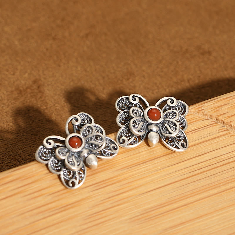 Ensemble de boucles d'oreilles et bague d'acceptation de soi en argent sterling 925 avec agate rouge et papillon de Buddha Stones