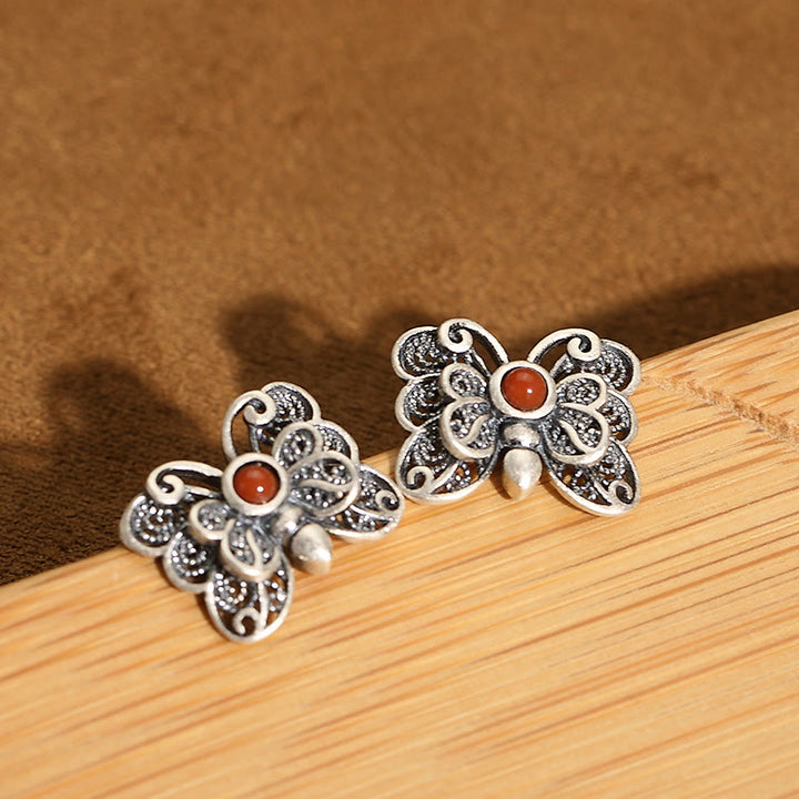 Ensemble de boucles d'oreilles et bague d'acceptation de soi en argent sterling 925 avec agate rouge et papillon de Buddha Stones