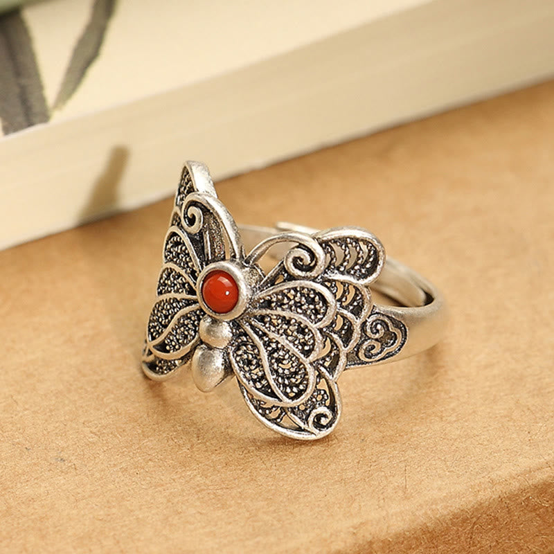 Ensemble de boucles d'oreilles et bague d'acceptation de soi en argent sterling 925 avec agate rouge et papillon de Buddha Stones