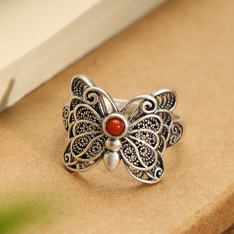 Ensemble de boucles d'oreilles et bague d'acceptation de soi en argent sterling 925 avec agate rouge et papillon de Buddha Stones