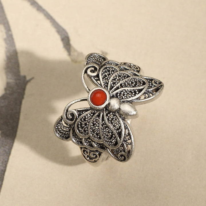 Ensemble de boucles d'oreilles et bague d'acceptation de soi en argent sterling 925 avec agate rouge et papillon de Buddha Stones