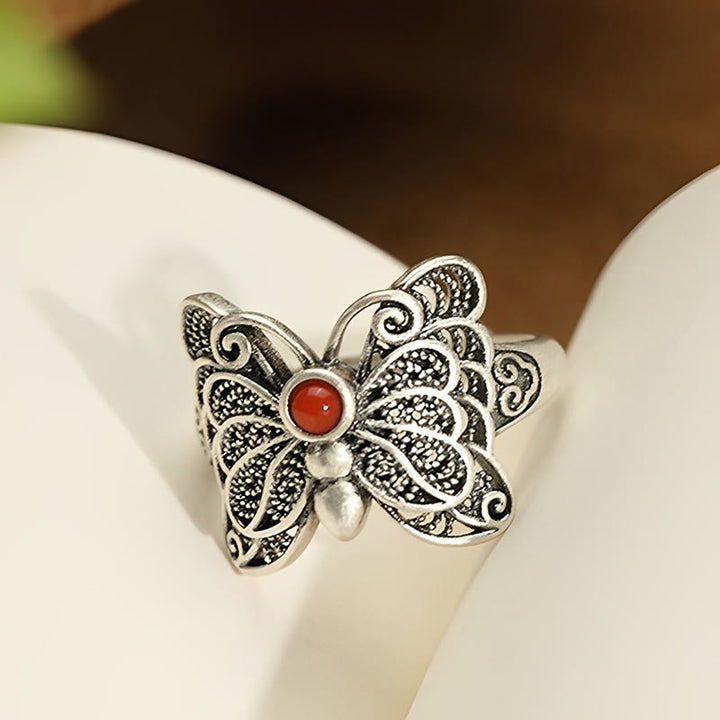 Ensemble de boucles d'oreilles et bague d'acceptation de soi en argent sterling 925 avec agate rouge et papillon de Buddha Stones
