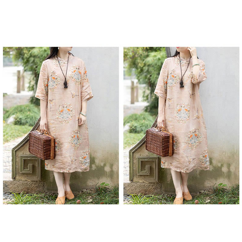 Robe mi-longue cheongsam en coton et lin à manches mi-longues et poches avec imprimé fleur et oiseau orange Buddha Stones - image 4
