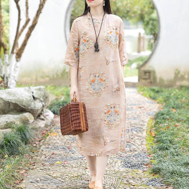 Robe mi-longue cheongsam en coton et lin à manches mi-longues et poches avec imprimé fleur et oiseau orange Buddha Stones - image 1
