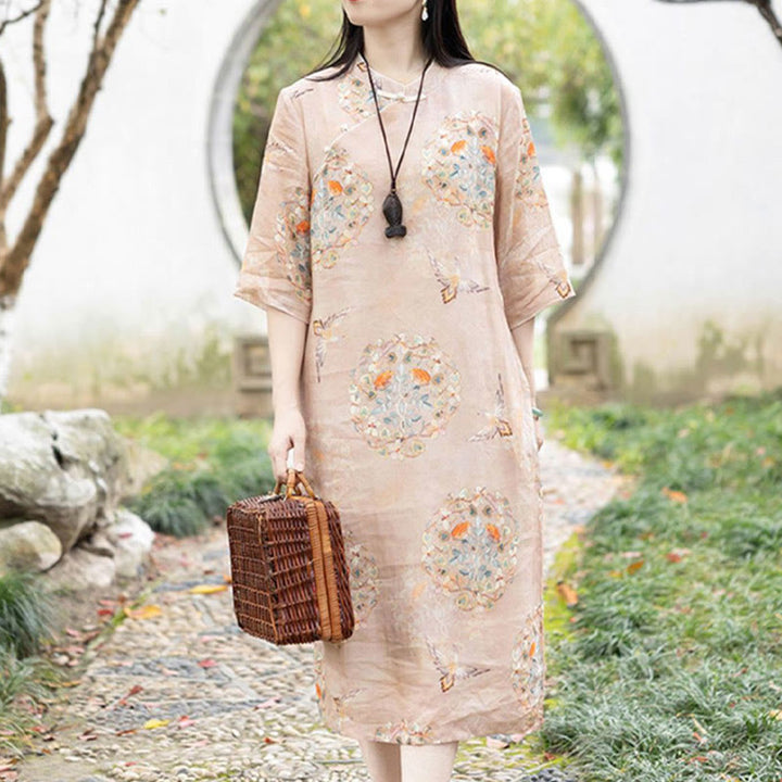 Robe mi-longue cheongsam en coton et lin à manches mi-longues et poches avec imprimé fleur et oiseau orange Buddha Stones - 2XL(Tour de poitrine 112 cm / Largeur d'épaules 42 cm / Longueur 114 cm) - image 0