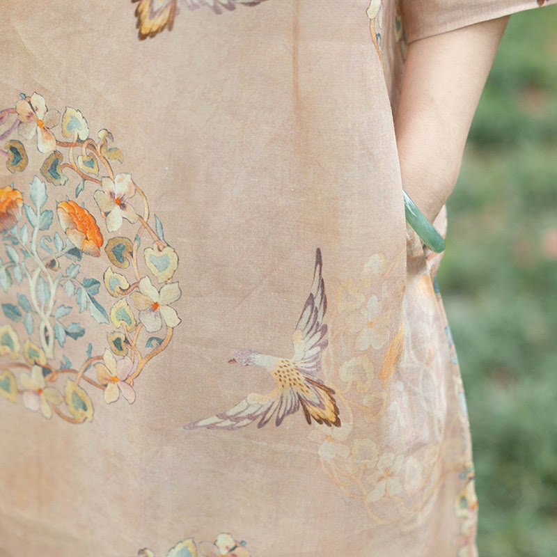 Robe mi-longue cheongsam en coton et lin à manches mi-longues et poches avec imprimé fleur et oiseau orange Buddha Stones - image 3