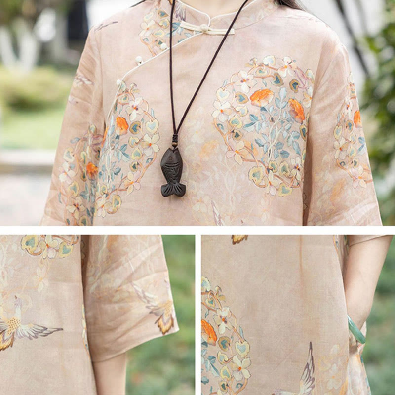 Robe mi-longue cheongsam en coton et lin à manches mi-longues et poches avec imprimé fleur et oiseau orange Buddha Stones - image 2