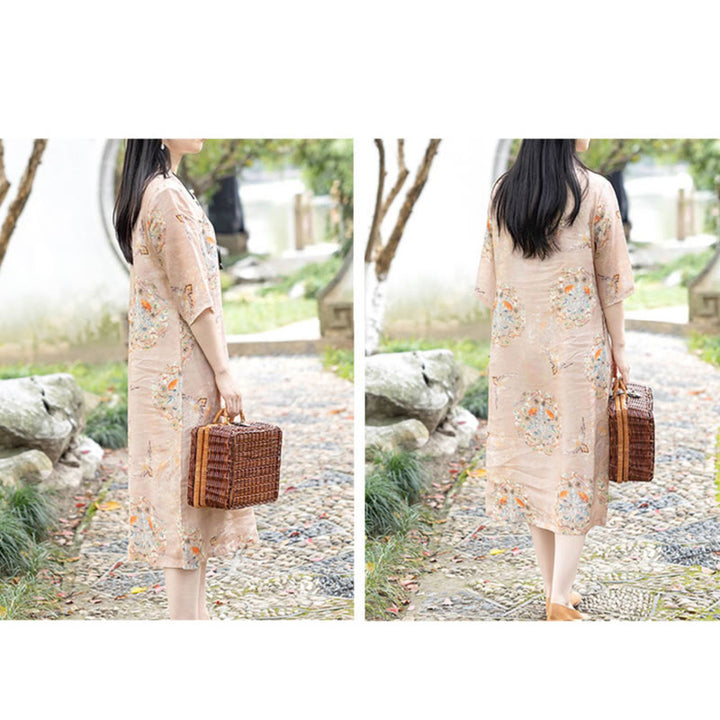 Robe mi-longue cheongsam en coton et lin à manches mi-longues et poches avec imprimé fleur et oiseau orange Buddha Stones - image 5