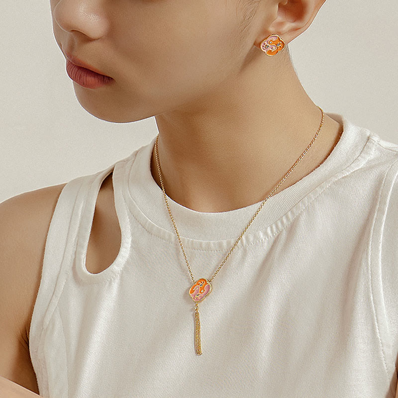 Ensemble collier pendentif bracelet boucles Buddha Stones' oreilles en cuivre plaqué or 18 carats avec deux oiseaux en zircon