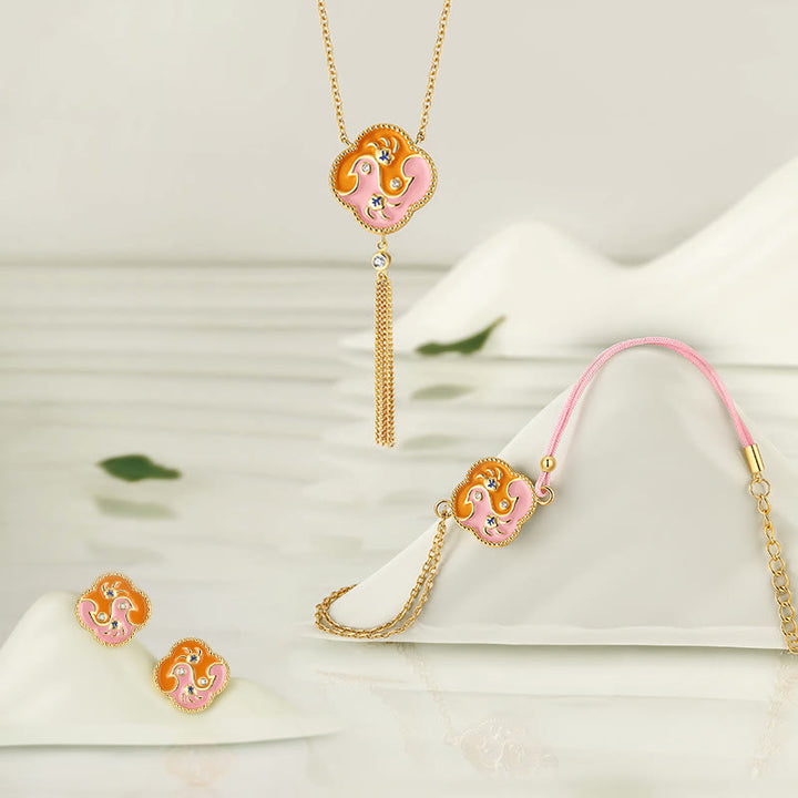 Ensemble collier pendentif bracelet boucles Buddha Stones' oreilles en cuivre plaqué or 18 carats avec deux oiseaux en zircon