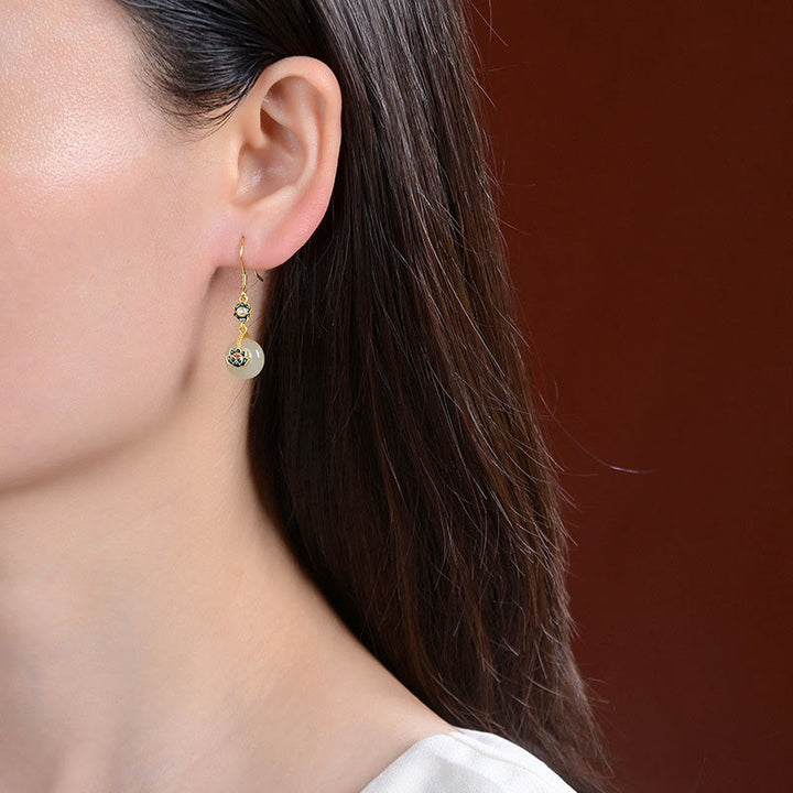 Ensemble de boucles d'oreilles et bague porte-bonheur en jade Hetian plaqué or en argent sterling 925 avec Buddha Stones